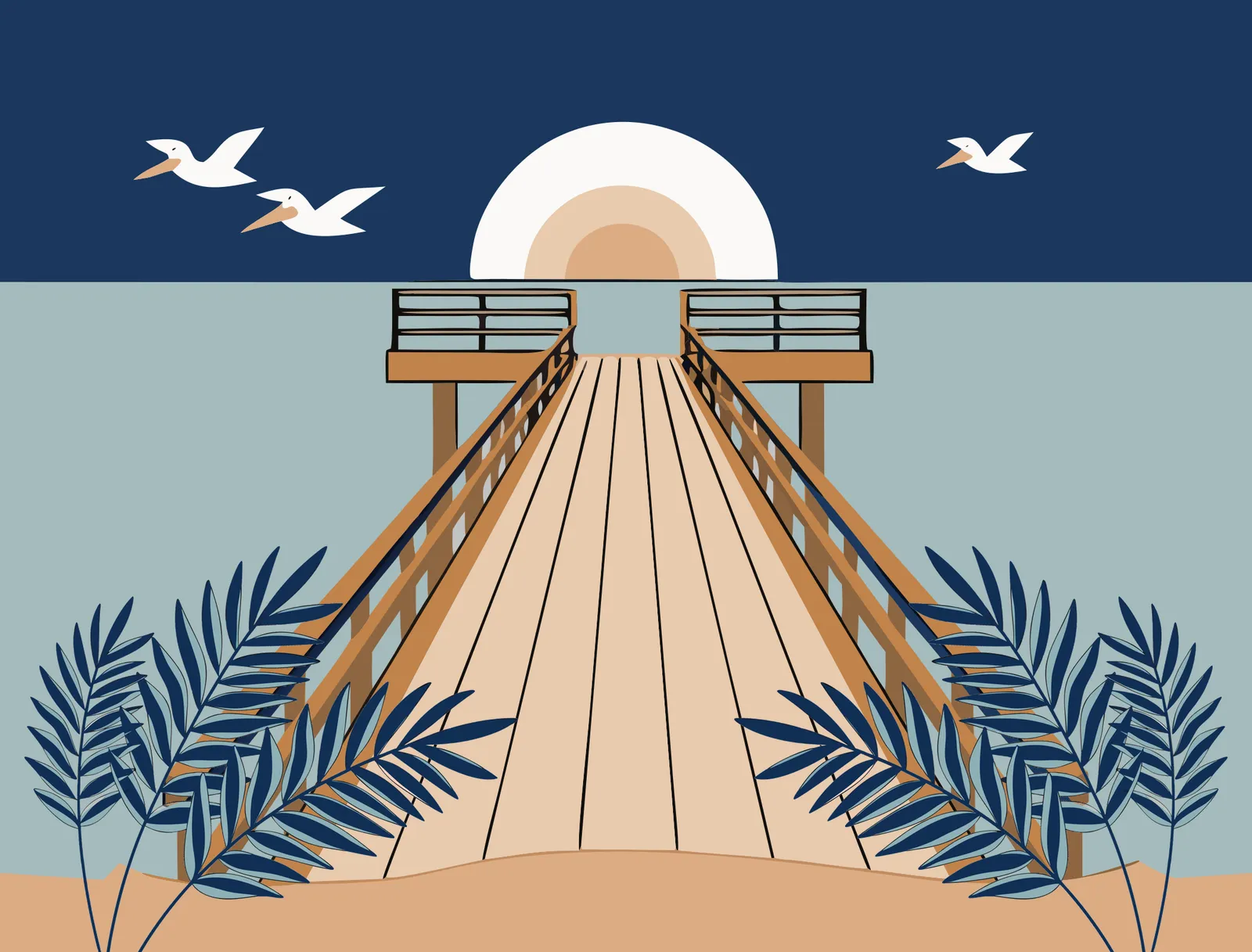 Sunrise over the Atlantic at the end of the Flagler Beach pier, with palm fronds on either side